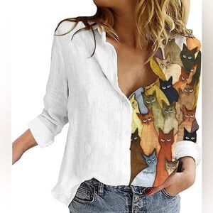 Multicolor Cat, Long Sleeve Button Up Shirt, Size Medium